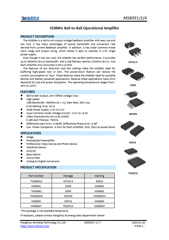 MS8092 350MHz Rail-to-Rail Operational Amplifier by Ruimeng - Datasheet Preview