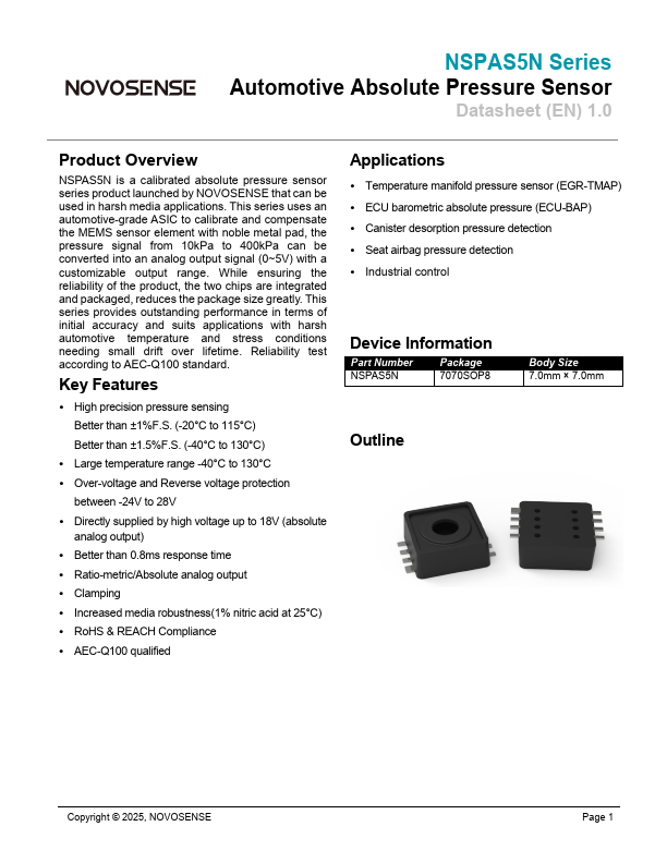 NSPAS5N Automotive Absolute Pressure Sensor by NOVOSENSE - Datasheet Preview