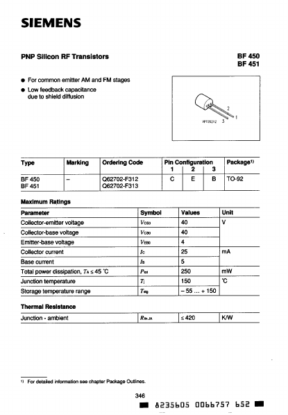 BF451 PNP Silicon RF Transistors by Siemens - Datasheet Preview