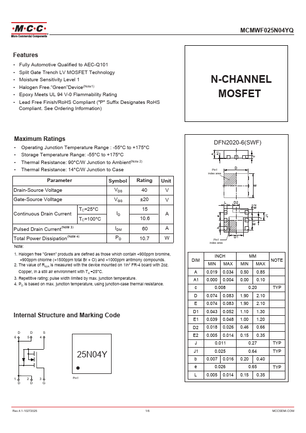 MCMWF025N04YQ N-CHANNEL MOSFET by MCC - Datasheet Preview