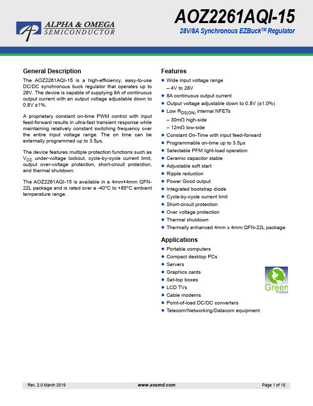 AOZ2261AQI-15 28V/8A Synchronous Regulator by Alpha & Omega Semiconductors - Datasheet Preview
