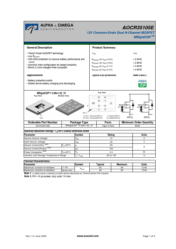 AOCR35105E 12V Common-Drain Dual N-Channel MOSFET by Alpha & Omega Semiconductors - Datasheet Preview