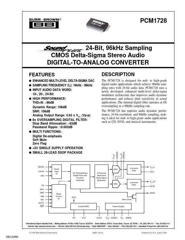 PCM1728 24-Bit Stereo Audio DIGITAL-TO-ANALOG CONVERTER by Burr-Brown - Datasheet Preview