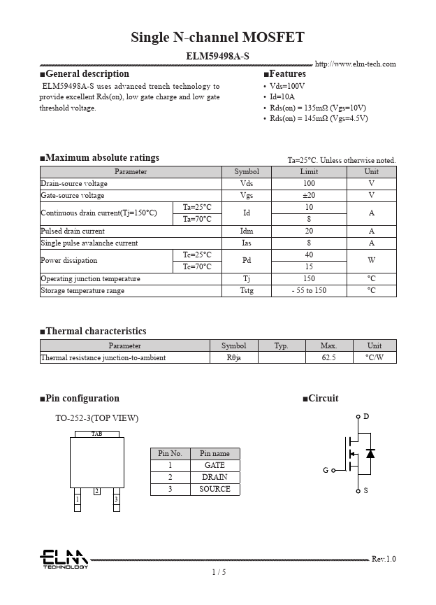 ELM59498A-S Single N-channel MOSFET by ELM - Datasheet Preview