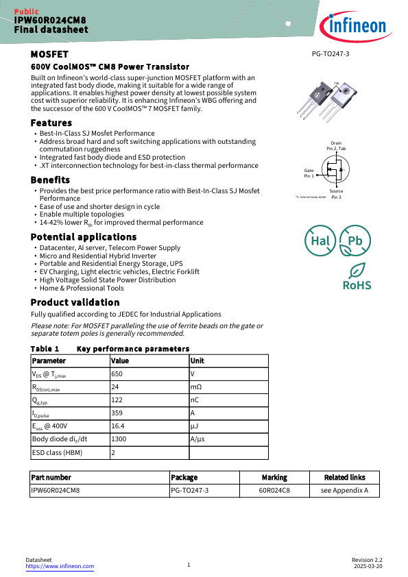 IPW60R024CM8 Datasheet Preview