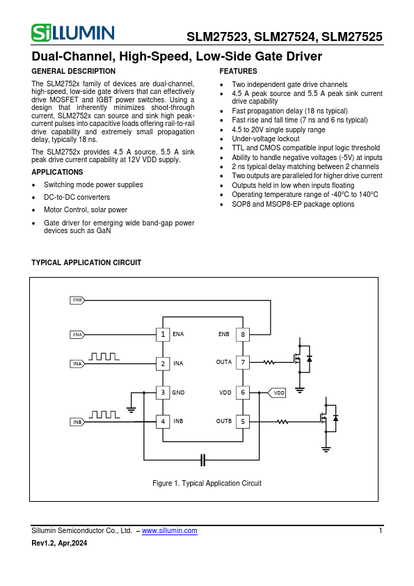 SLM27524 Dual-Channel High-Speed Low-Side Gate Driver by Sillumin - Datasheet Preview