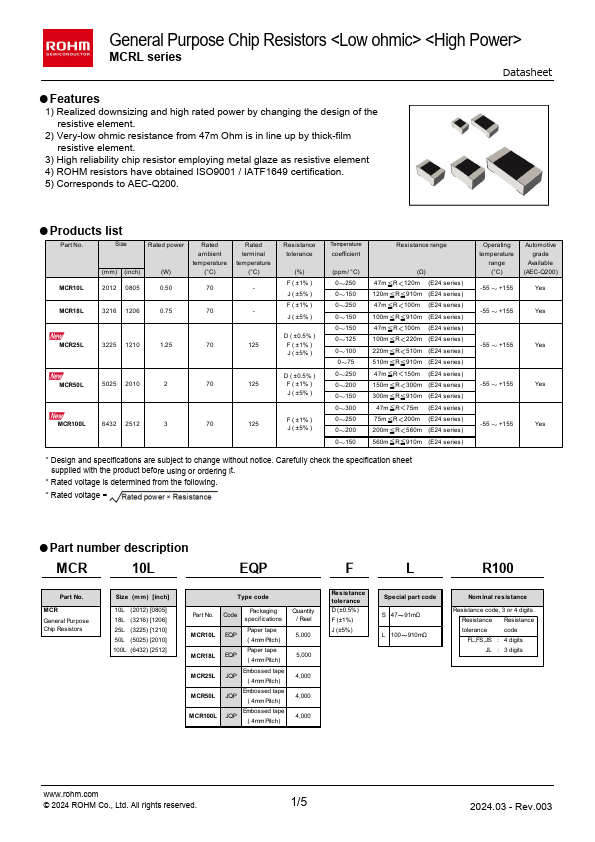 MCR18L General Purpose Chip Resistors by ROHM - Datasheet Preview