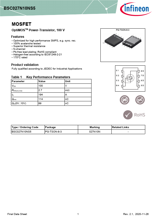BSC027N10NS5 Datasheet Preview