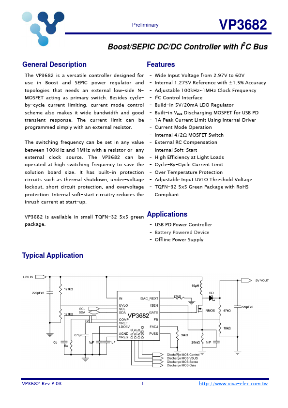 VP3682 Boost/SEPIC DC/DC Controller by Viva Electronics - Datasheet Preview