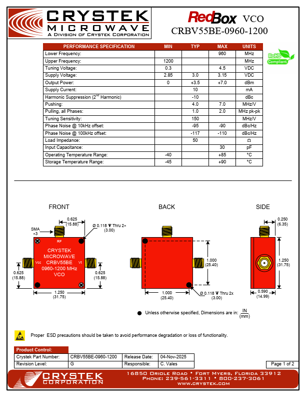CRBV55BE-0960-1200 VCO by CRYSTEK - Datasheet Preview