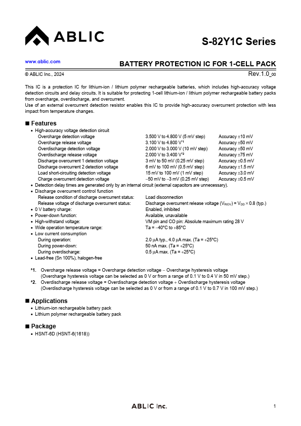 S-82Y1C BATTERY PROTECTION IC by ABLIC - Datasheet Preview