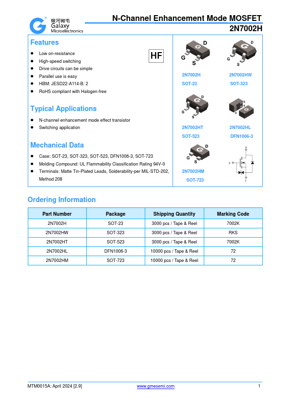 2N7002H N-Channel Enhancement Mode MOSFET by GME - Datasheet Preview