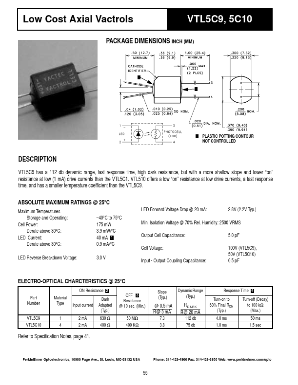 VTL5C9 Low Cost Axial Vactrols by PerkinElmer Optoelectronics - Datasheet Preview