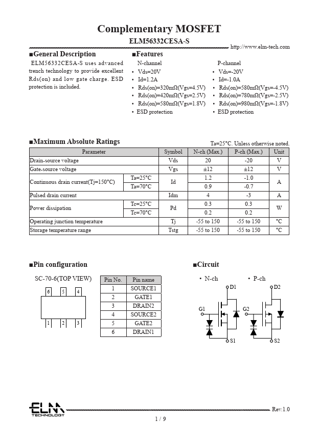 ELM56332CESA-S Complementary MOSFET by ELM - Datasheet Preview
