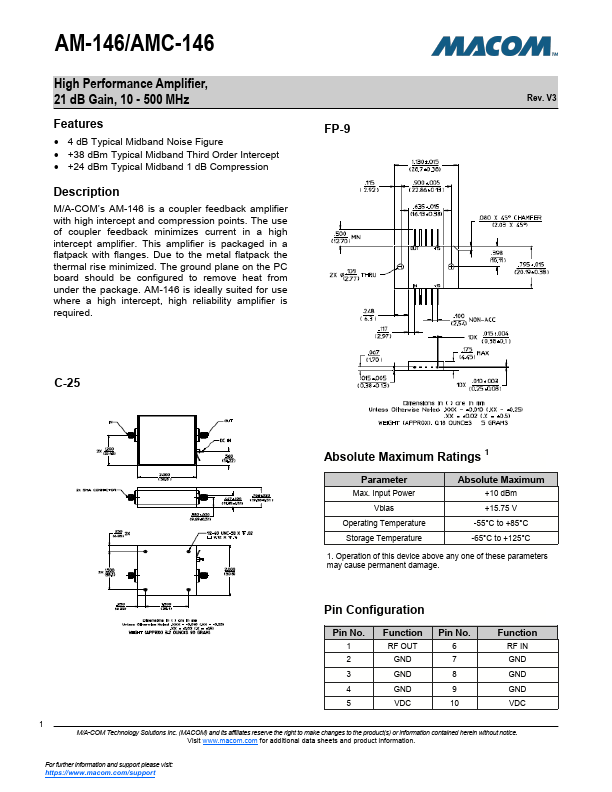 AMC-146 High Performance Amplifier by MACOM - Datasheet Preview
