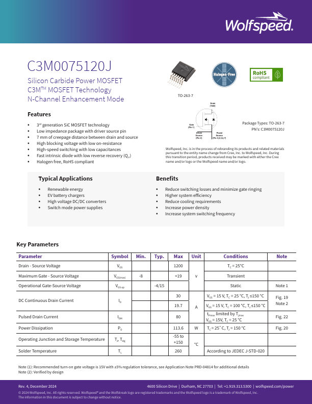 C3M0075120J Datasheet Preview