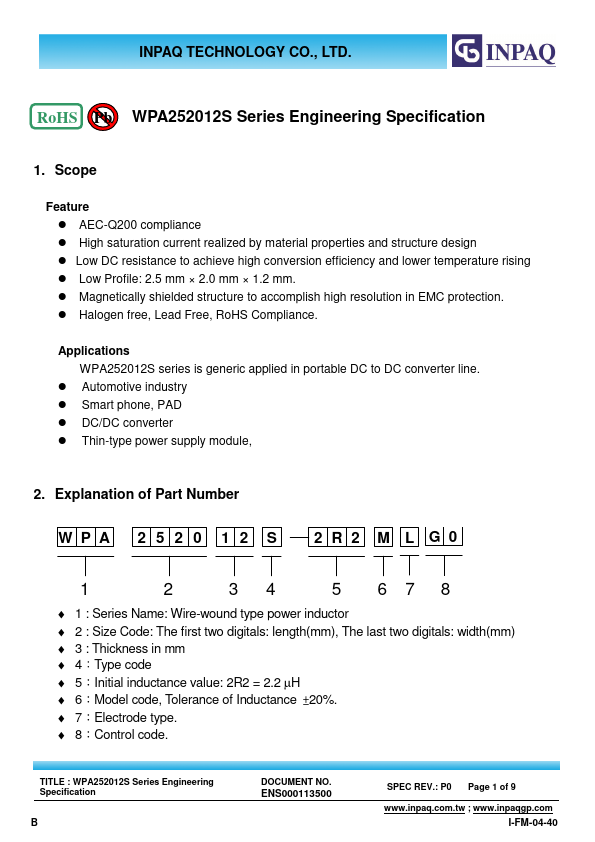 WPA252012S Power Inductor by INPAQ - Datasheet Preview