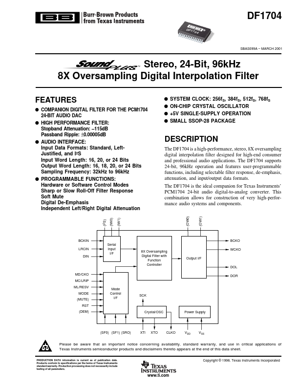 DF1704 24-Bit 8X Oversampling Digital Interpolation Filter by Burr-Brown - Datasheet Preview