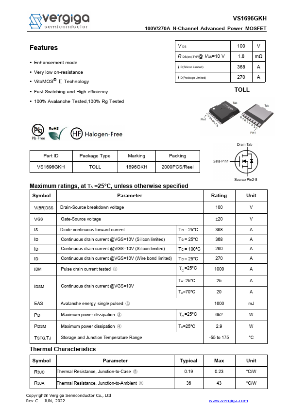 VS1696GKH 100V/270A N-Channel Advanced Power MOSFET by Vergiga - Datasheet Preview