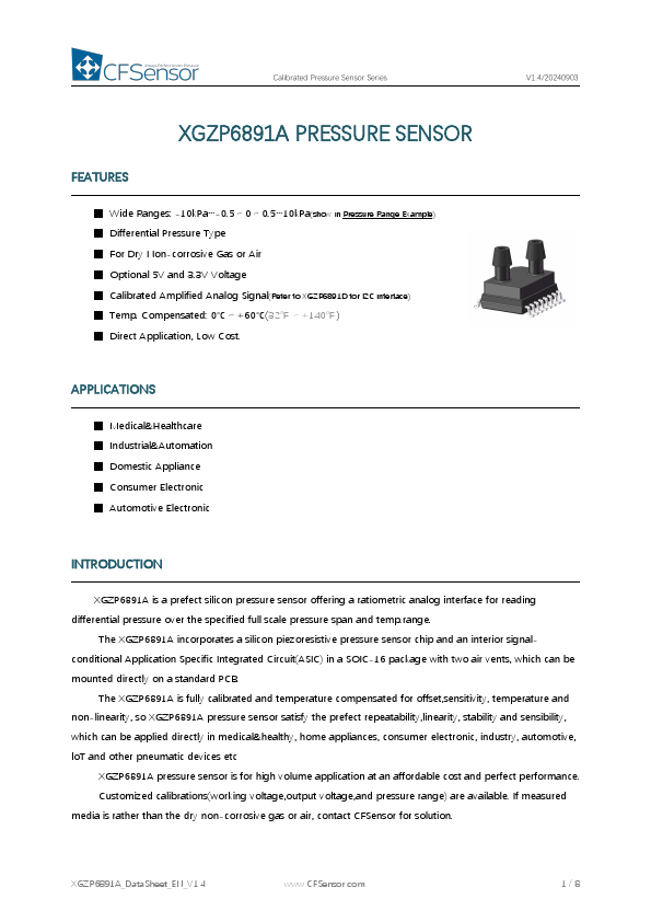 XGZP6891A Calibrated Pressure Sensor by CFSensor - Datasheet Preview