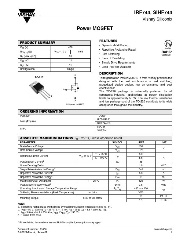 IRF744 Datasheet Preview