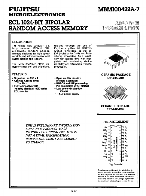 MBM100422A-7 ECL RAM by Fujitsu - Datasheet Preview