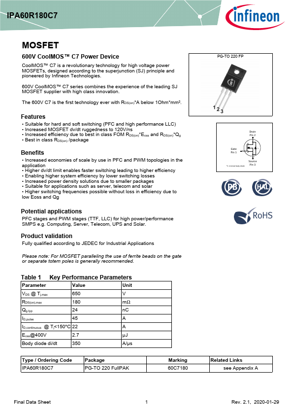 IPA60R180C7 Datasheet Preview