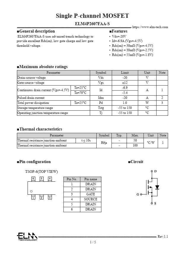 ELM4P2607FAA-S Single P-channel MOSFET by ELM - Datasheet Preview