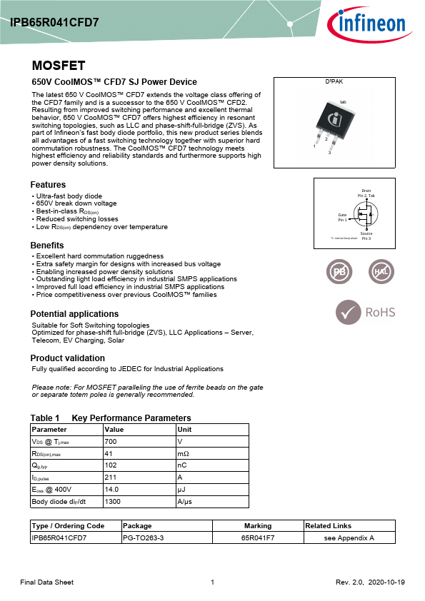 IPB65R041CFD7 Datasheet Preview