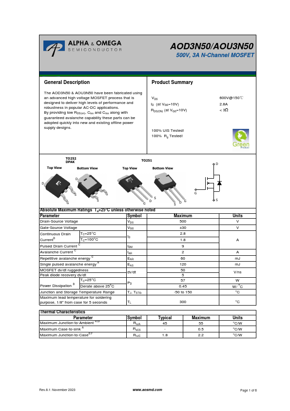 AOU3N50 Datasheet Preview