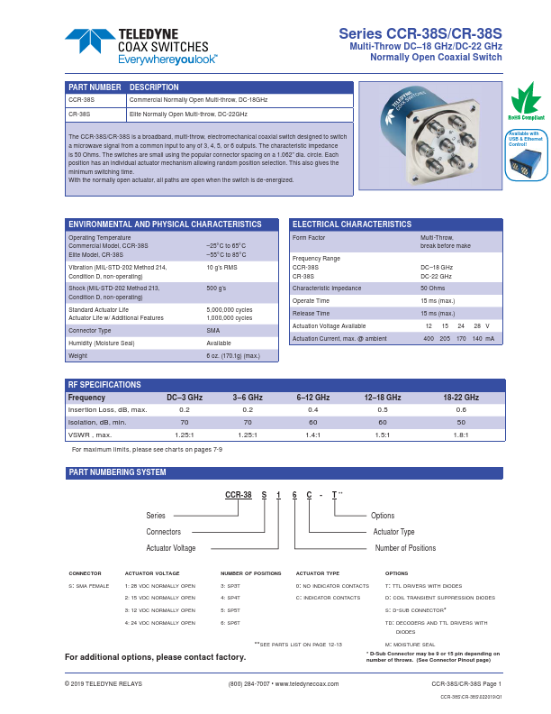 CR-38S Normally Open Coaxial Switch by Teledyne - Datasheet Preview