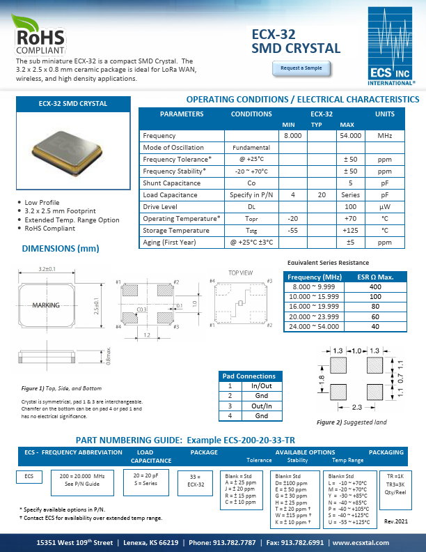 ECX-32 SMD QUARTZ CRYSTAL by ECS - Datasheet Preview