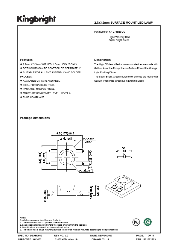 KA-2735ESGC SURFACE MOUNT LED LAMP by Kingbright - Datasheet Preview