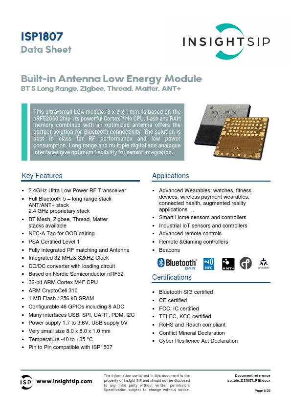 ISP1807 Built-in Antenna Low Energy Module by Insight SiP - Datasheet Preview