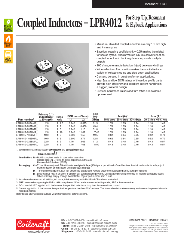 LPR4012 Coupled Inductors by Coilcraft - Datasheet Preview