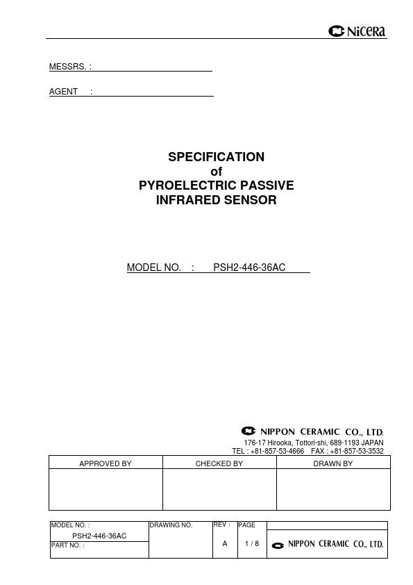 PSH2-446-36AC PYROELECTRIC PASSIVE INFRARED SENSOR by Nippon Ceramic - Datasheet Preview