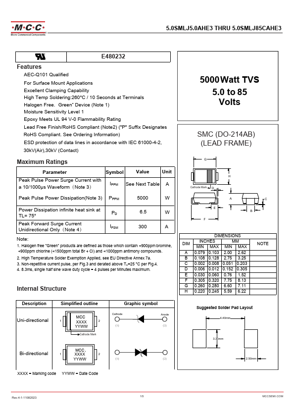 5.0SMLJ10AHE3 5000 Watt TVS by MCC - Datasheet Preview