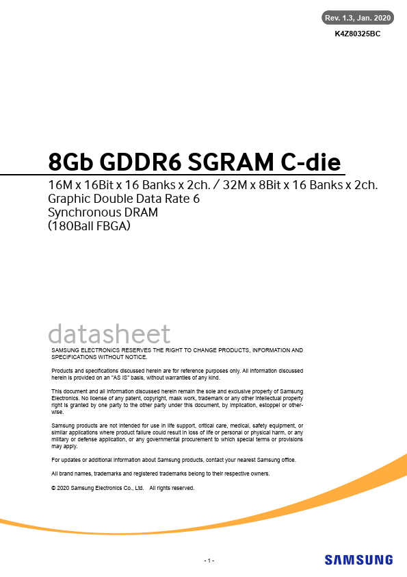 K4Z80325BC 8Gb GDDR6 SGRAM by Samsung - Datasheet Preview