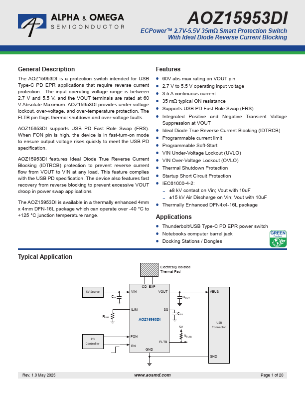AOZ15953DI Smart Protection Switch by Alpha & Omega Semiconductors - Datasheet Preview