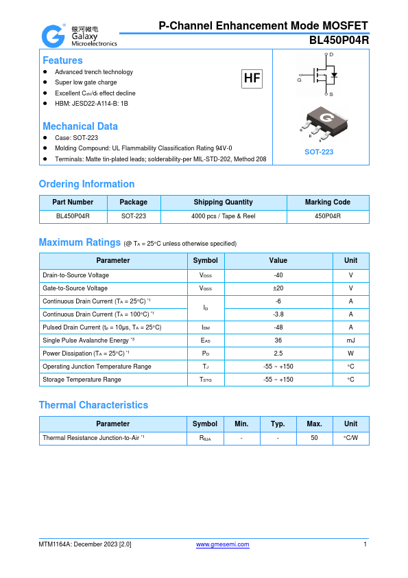 BL450P04R P-Channel Enhancement Mode MOSFET by GME - Datasheet Preview