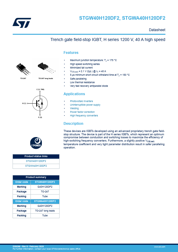 STGW40H120DF2 Datasheet Preview