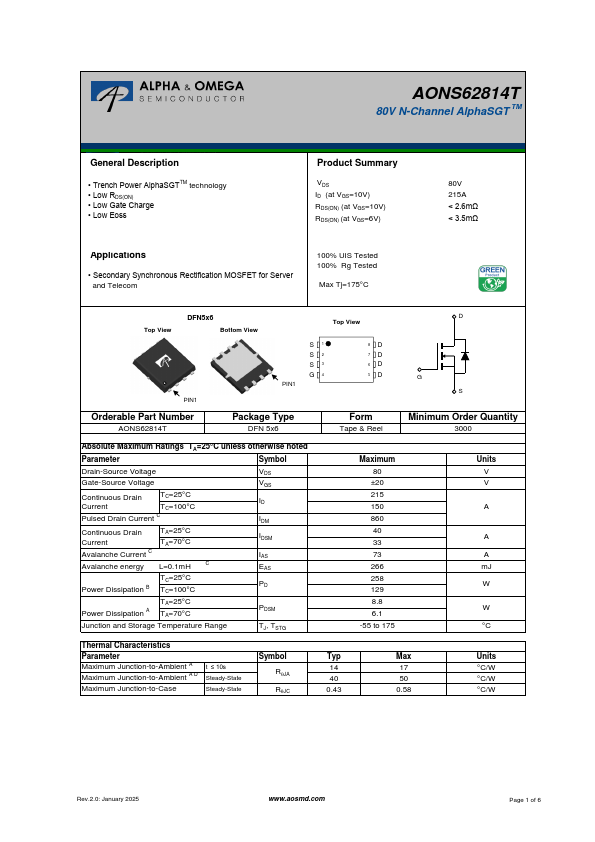 AONS62814T 80V N-Channel MOSFET by Alpha & Omega Semiconductors - Datasheet Preview