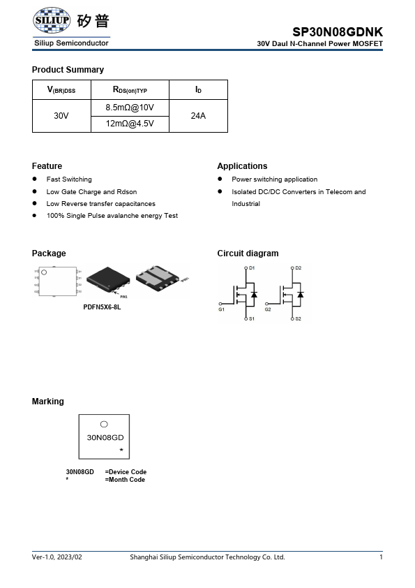 SP30N08GDNK 30V Daul N-Channel Power MOSFET by Siliup Semiconductor - Datasheet Preview