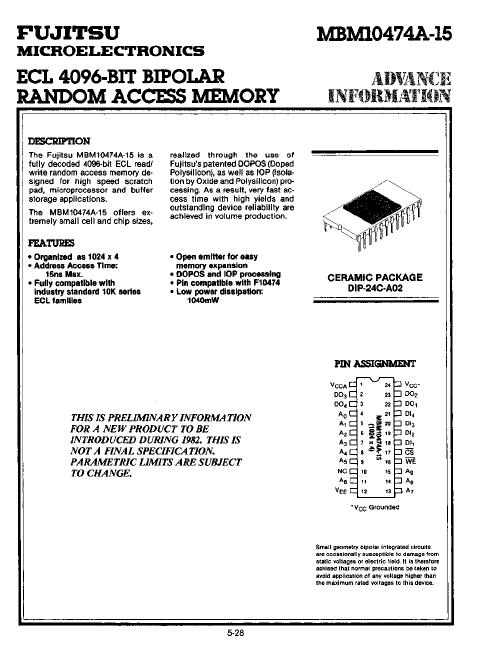 MBM10474A-15 ECL RAM by Fujitsu - Datasheet Preview