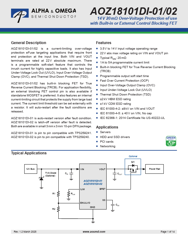 AOZ18101DI-02 14?V Over-Voltage Protection eFuse by Alpha & Omega Semiconductors - Datasheet Preview
