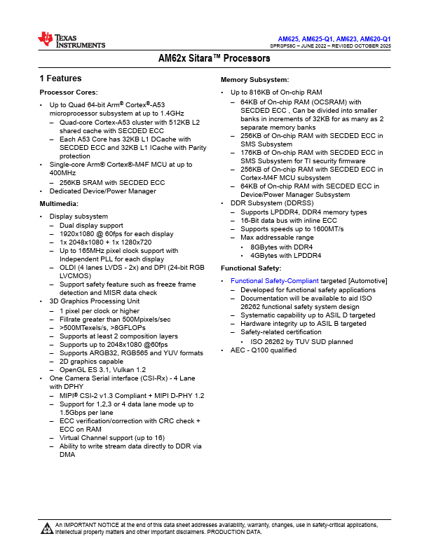 AM625 Quad 64-bit Processors by Texas Instruments - Datasheet Preview