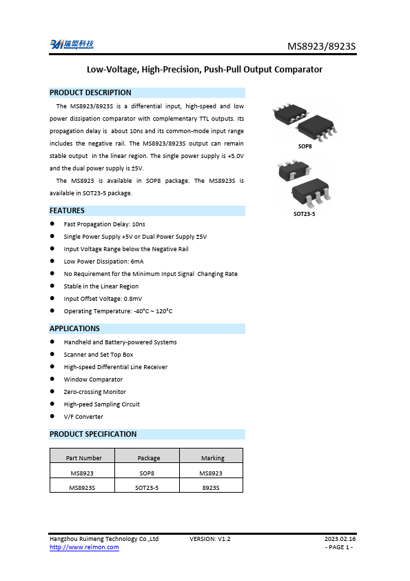 MS8923 Push-Pull Output Comparator by Ruimeng - Datasheet Preview