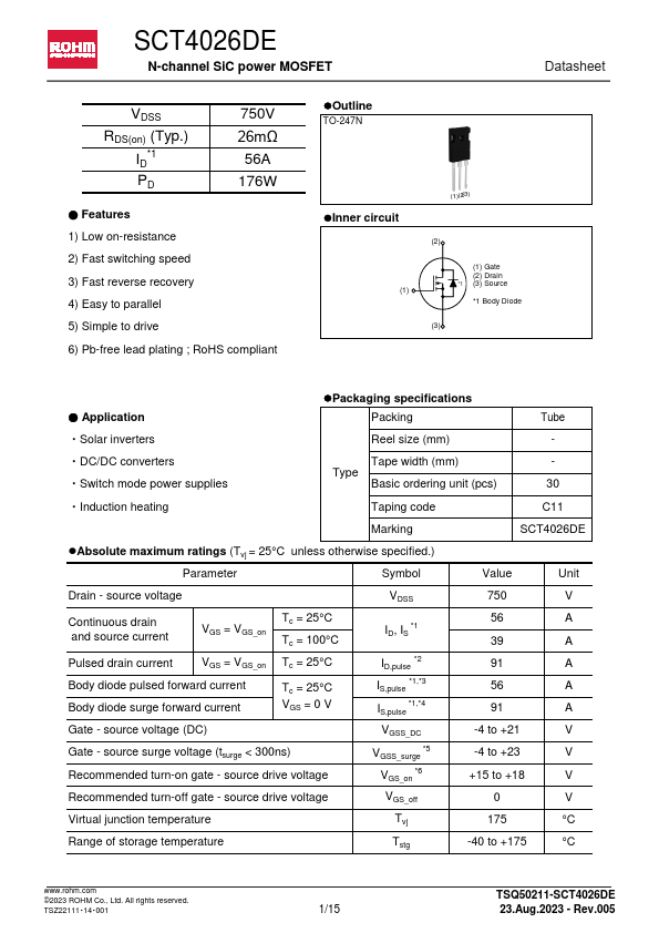 SCT4026DE N-channel SiC power MOSFET by ROHM - Datasheet Preview