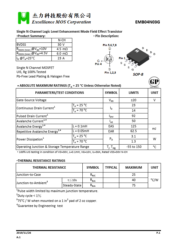 EMB04N03G Single N-Channel Logic Level Enhancement Mode Field Effect Transistor by Excelliance MOS - Datasheet Preview
