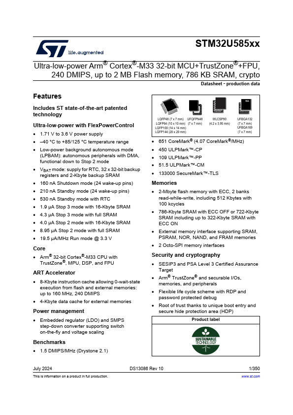 STM32U585RI 32-bit MCU by STMicroelectronics - Datasheet Preview